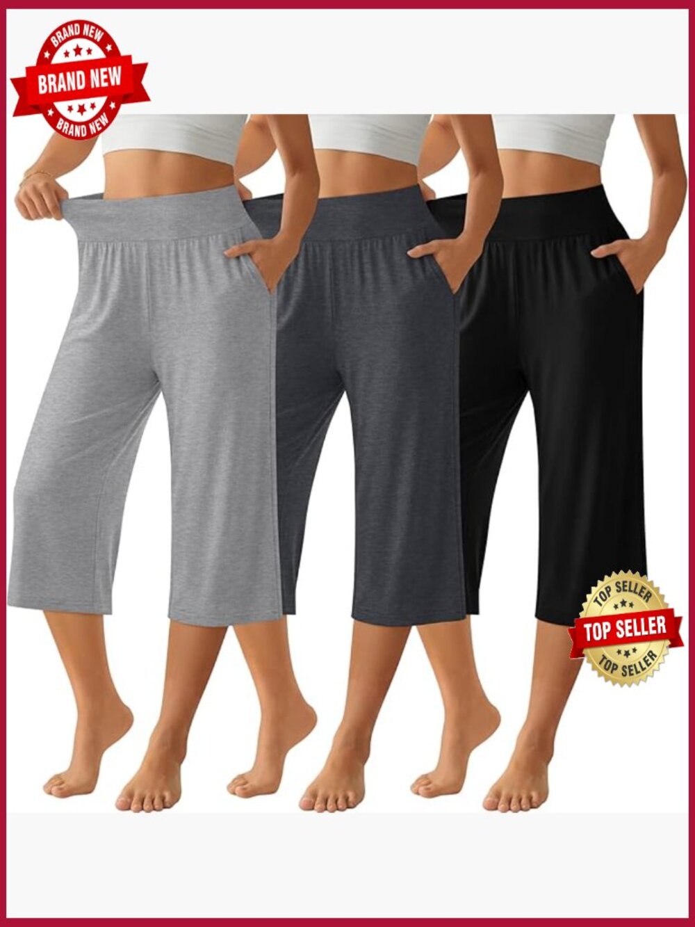 3 Pack Women Capri Pants Wide Leg High Waist Crop Lounge Sweatpants with Pockets